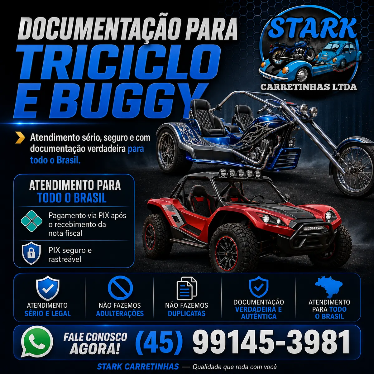 Identidade visual Stark Carretinhas aplicada a triciclo e buggy